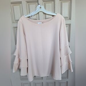 Calvin Klein Pullover SzL Ruffle Sleeve Pale Pink Poly/Spandex Round Neck Fem